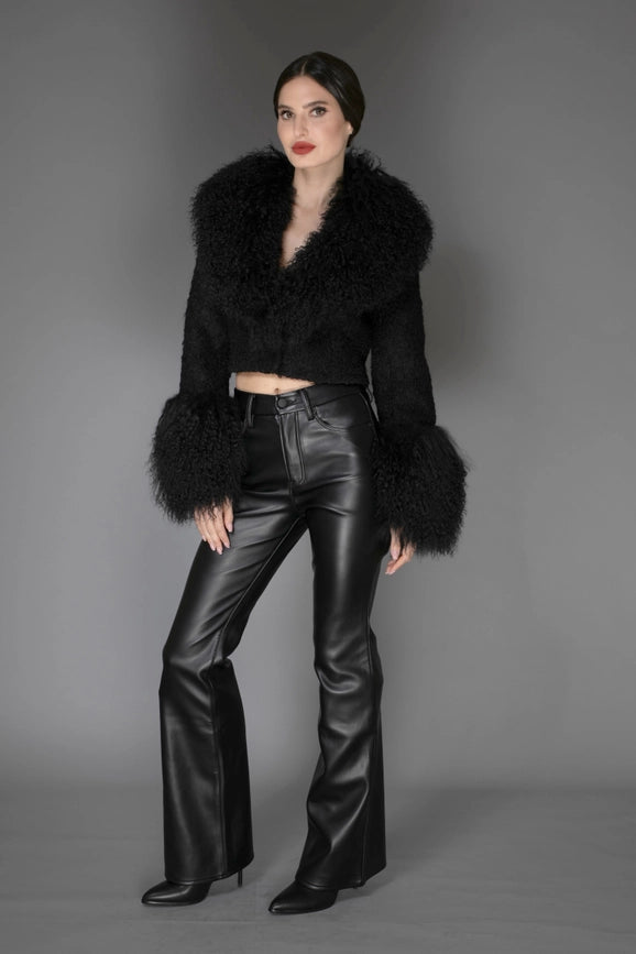 Aw - Black Cropped Mongolian Shearling Coat