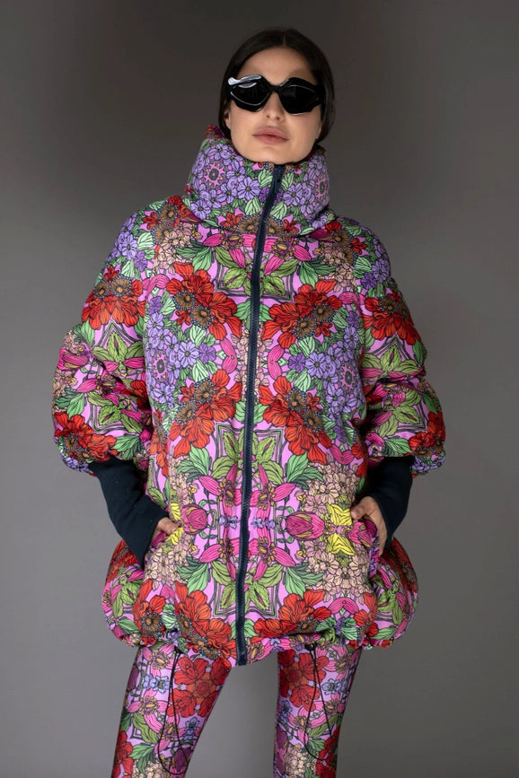 Aw Jacket - Floral Red Stand-Up Collar Puffer