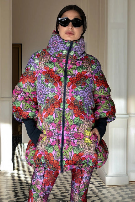 Aw Jacket - Floral Red Stand-Up Collar Puffer