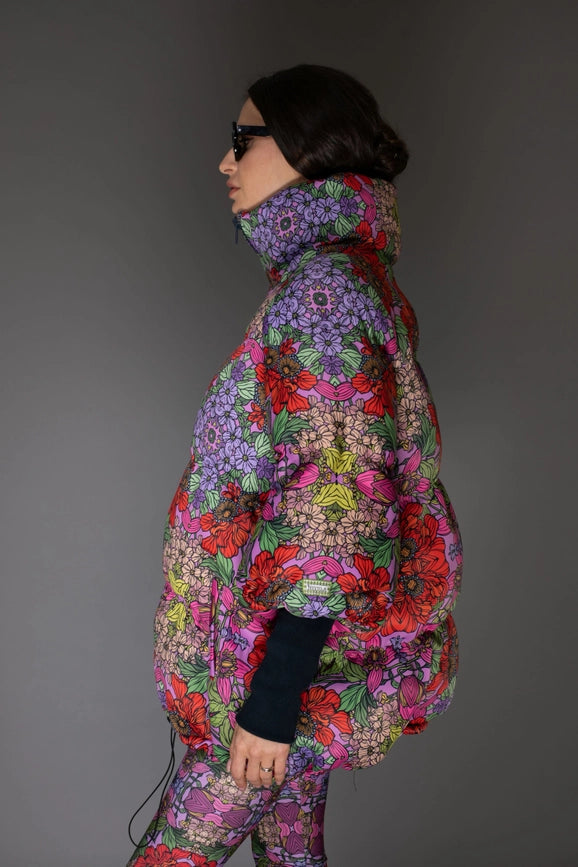 Aw Jacket - Floral Red Stand-Up Collar Puffer