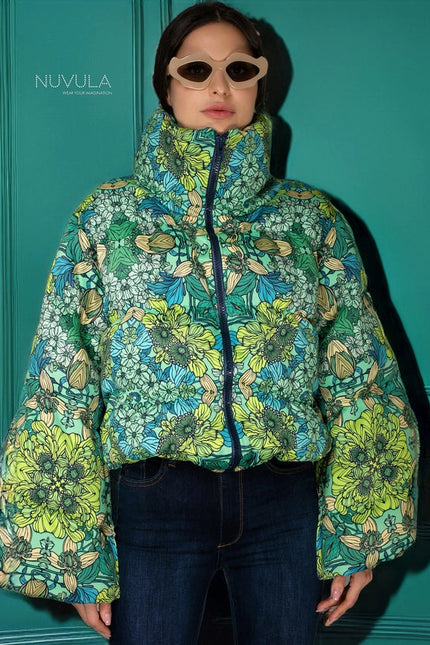 Aw Jacket - Mint Green Floral Printed Puffer