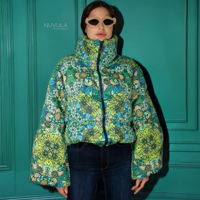 Aw Jacket - Mint Green Floral Printed Puffer