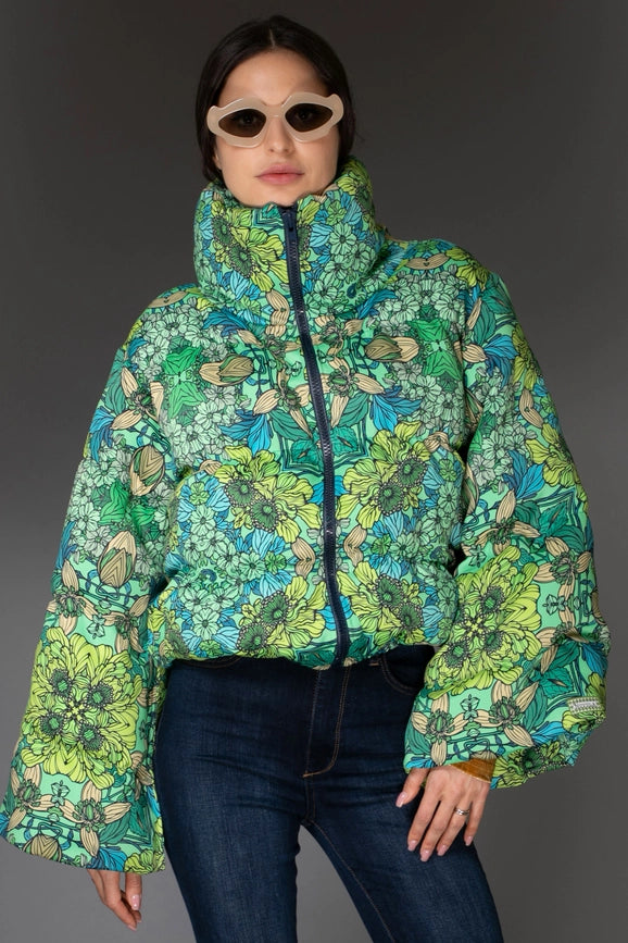 Aw Jacket - Mint Green Floral Printed Puffer