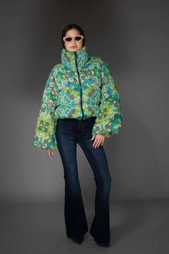 Aw Jacket - Mint Green Floral Printed Puffer