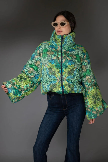 Aw Jacket - Mint Green Floral Printed Puffer