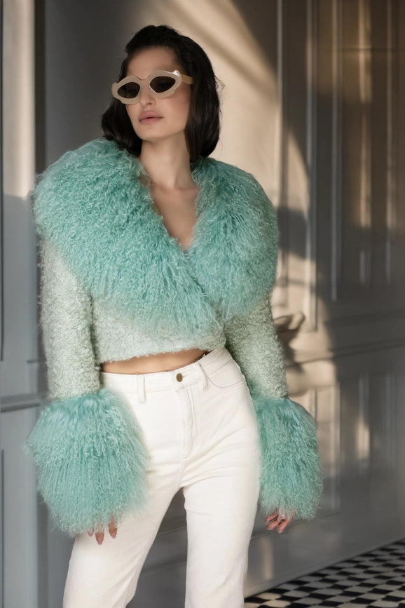 Aw - Mint Green Cropped Aw Coat - Light Purple Cashmere & Mongolian Shearling Coat