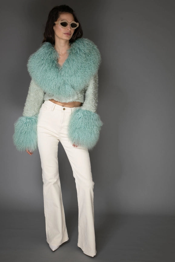 Aw - Mint Green Cropped Aw Coat - Light Purple Cashmere & Mongolian Shearling Coat