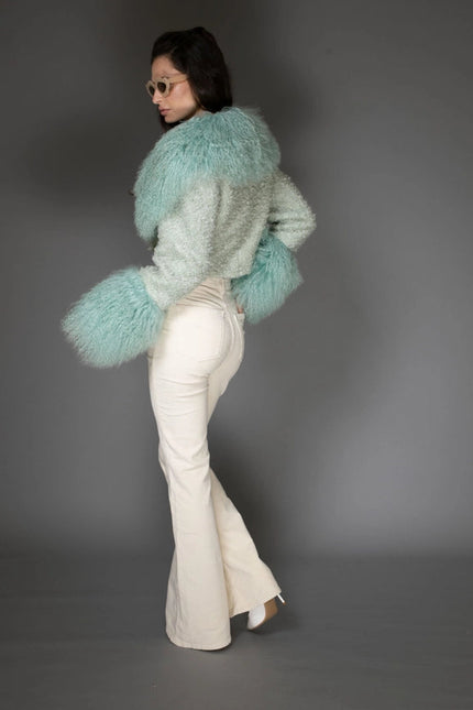 Aw - Mint Green Cropped Aw Coat - Light Purple Cashmere & Mongolian Shearling Coat