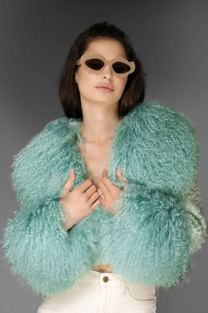 Aw - Mint Green Cropped Aw Coat - Light Purple Cashmere & Mongolian Shearling Coat