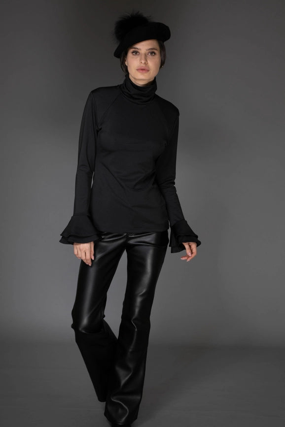 Aw Ruffle Top - Solid Black Long-Sleeve