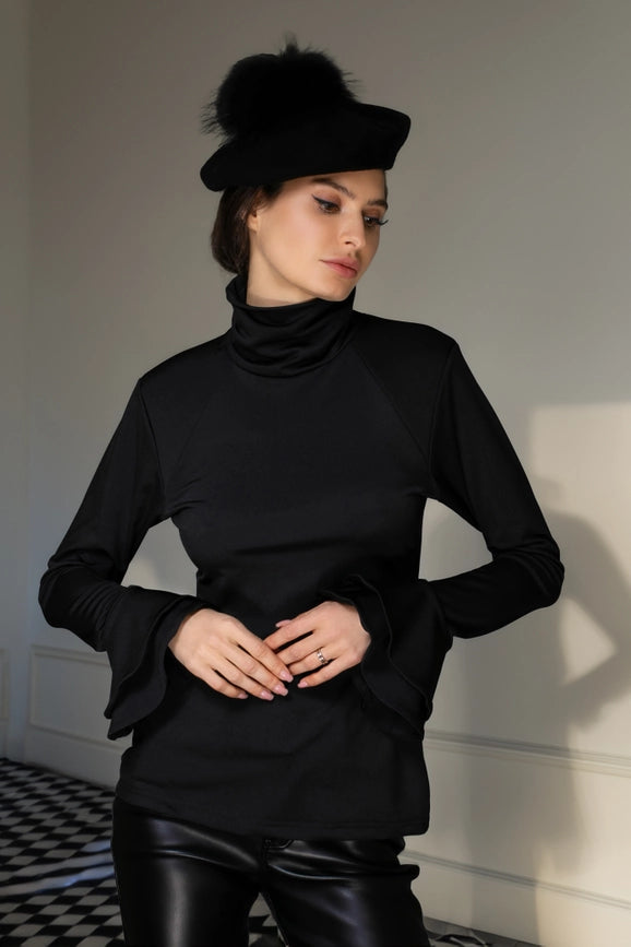 Aw Ruffle Top - Solid Black Long-Sleeve