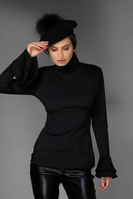 Aw Ruffle Top - Solid Black Long-Sleeve