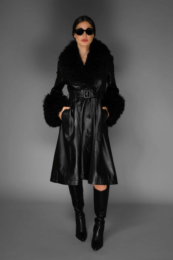 Aw Trench Coat - Black Italian Leather & Mongolian Accent