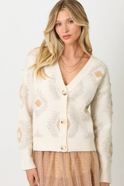 Aztec Pattern Button Down Cardigan Ivory Mix