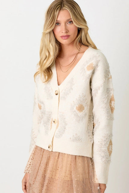 Aztec Pattern Button Down Cardigan Ivory Mix