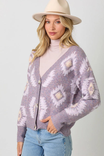 Aztec Pattern Button Down Cardigan  Lavender Mix