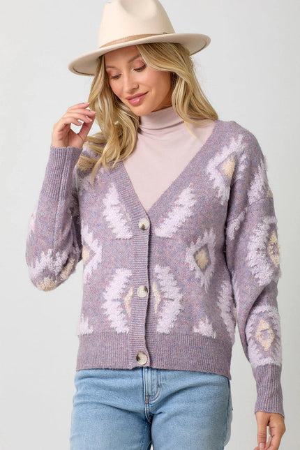 Aztec Pattern Button Down Cardigan  Lavender Mix