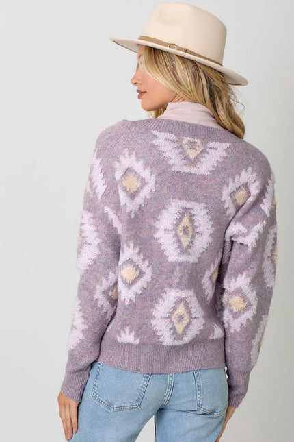 Aztec Pattern Button Down Cardigan  Lavender Mix