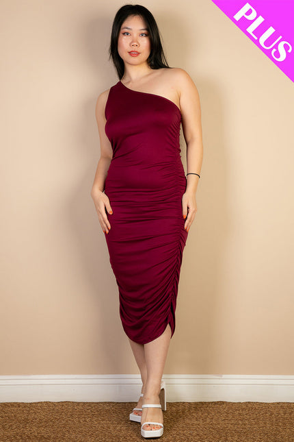 Plus Size Sexy Solid Color Ruched One Shoulder Midi Bodycon Dress (Capella)-Midi Dress-CAPELLA-Urbanheer