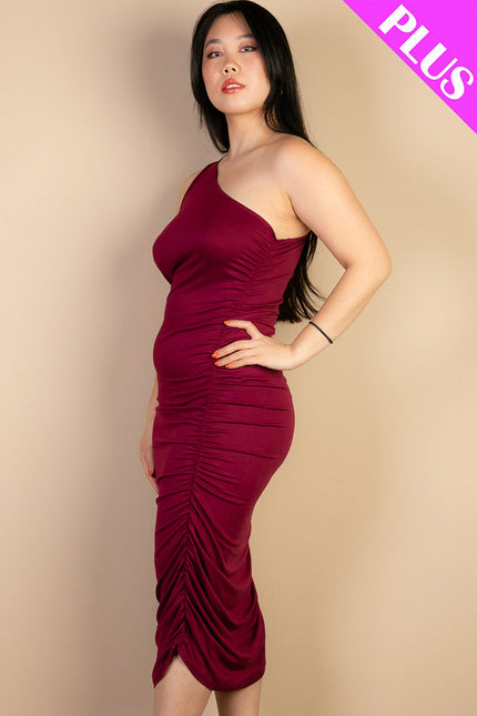 Plus Size Sexy Solid Color Ruched One Shoulder Midi Bodycon Dress (Capella)-Midi Dress-CAPELLA-Urbanheer