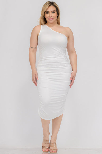 Plus Size Sexy Solid Color Ruched One Shoulder Midi Bodycon Dress (Capella)-Midi Dress-CAPELLA-Urbanheer