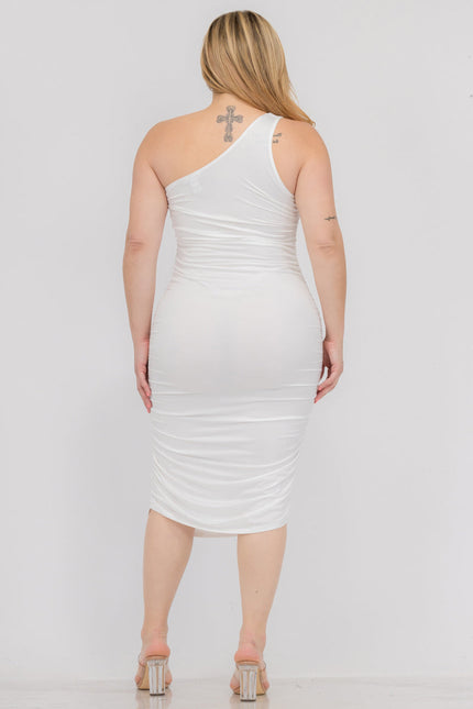 Plus Size Sexy Solid Color Ruched One Shoulder Midi Bodycon Dress (Capella)-Midi Dress-CAPELLA-Urbanheer