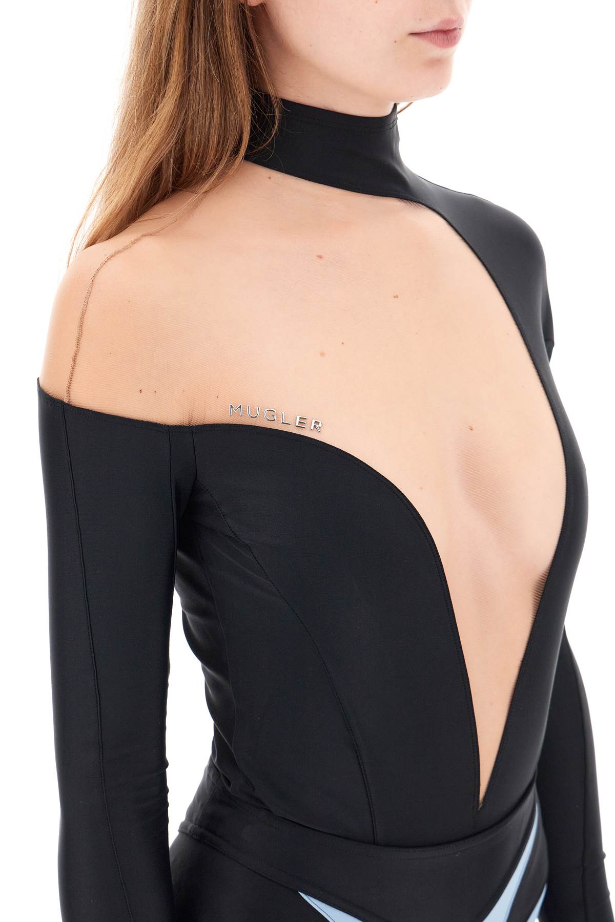 Mugler Long Sleeve Illusion Bodysuit Asymmetrical Neckline-Bodysuit-MUGLER-38-Urbanheer