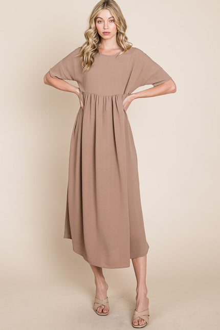 BOMBOM Round Neck Ruched Midi Dress-UHX-Mocha-S-Urbanheer