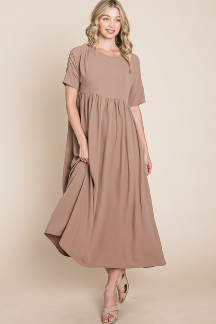 BOMBOM Round Neck Ruched Midi Dress-UHX-Urbanheer