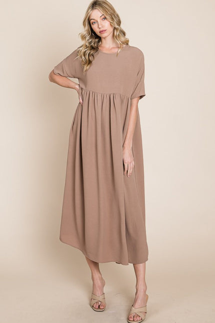 BOMBOM Round Neck Ruched Midi Dress-UHX-Urbanheer