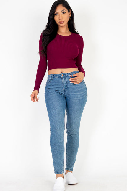 Long Sleeve Round Neck Basic Crop Top (Capella)-CAPELLA-Urbanheer