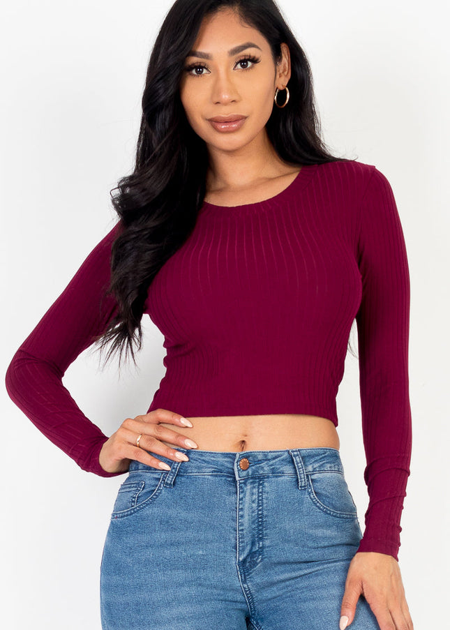 Long Sleeve Round Neck Basic Crop Top (Capella)-CAPELLA-BURGUNDY-S-Urbanheer