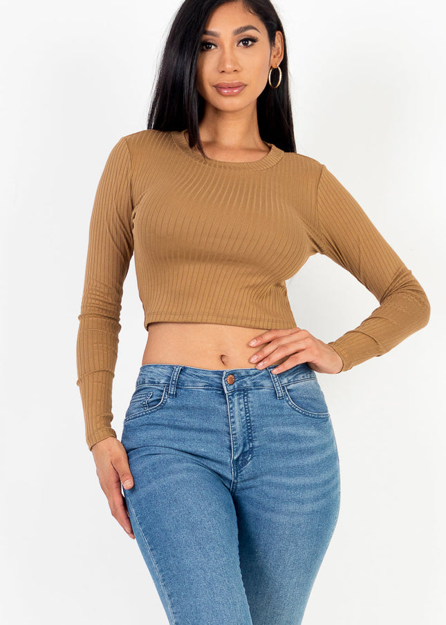 Long Sleeve Round Neck Basic Crop Top (Capella)-CAPELLA-MOCHA-S-Urbanheer