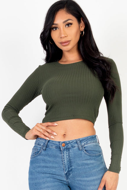 Long Sleeve Round Neck Basic Crop Top (Capella)-CAPELLA-OLIVE-S-Urbanheer