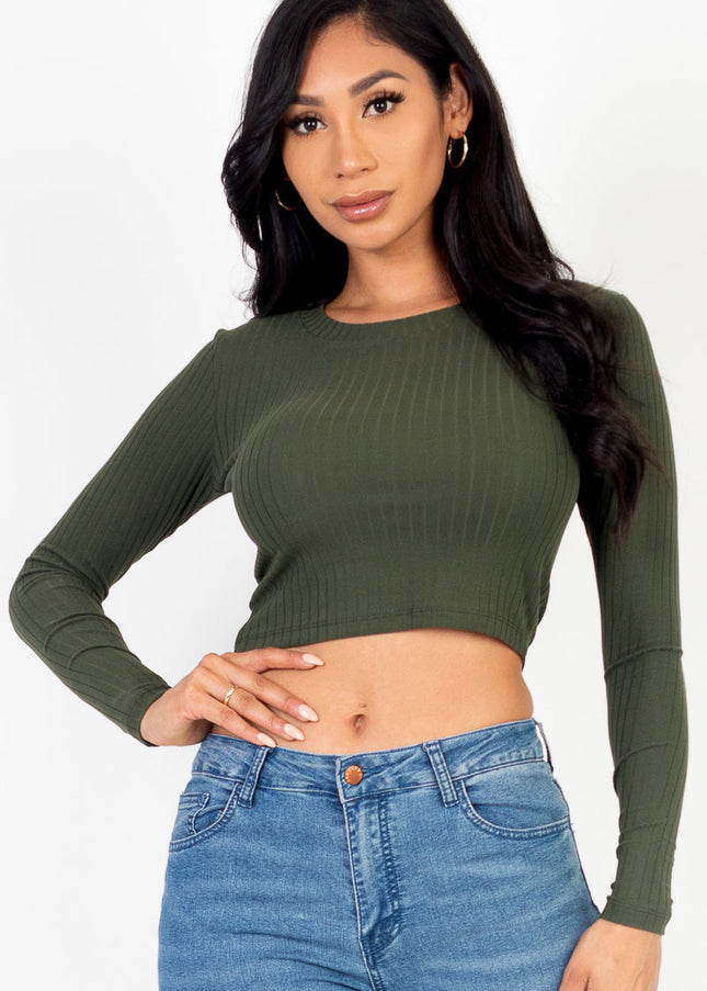 Long Sleeve Round Neck Basic Crop Top (Capella)-CAPELLA-OLIVE-S-Urbanheer