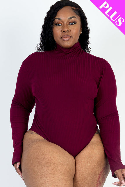 Plus Size Ribbed Turtle Neck Long Sleeve Bodysuit (Capella)-CAPELLA-BURGUNDY-1X-Urbanheer