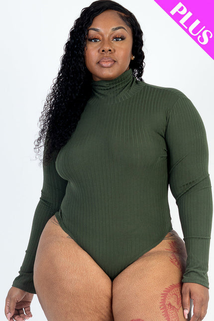 Plus Size Ribbed Turtle Neck Long Sleeve Bodysuit (Capella)-CAPELLA-OLIVE-1X-Urbanheer