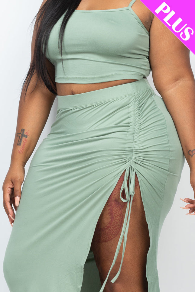 Plus Size Cami Crop Top & Ruched Side Split Hem Midi Skirt Set (Capella)-Top and Skirts-CAPELLA-Urbanheer