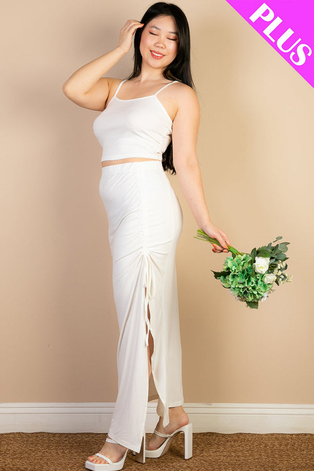 Plus Size Cami Crop Top & Ruched Side Split Hem Midi Skirt Set (Capella)-Top and Skirts-CAPELLA-WHITE-1X-Urbanheer