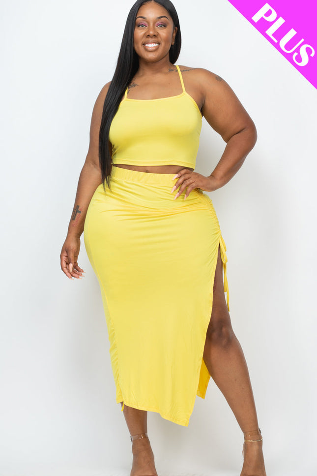 Plus Size Cami Crop Top & Ruched Side Split Hem Midi Skirt Set (Capella)-Top and Skirts-CAPELLA-YELLOW-1X-Urbanheer