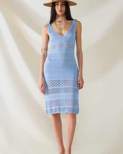 Baby Blue Midi Sleeveless Dress with V-Neck and Crochet Design