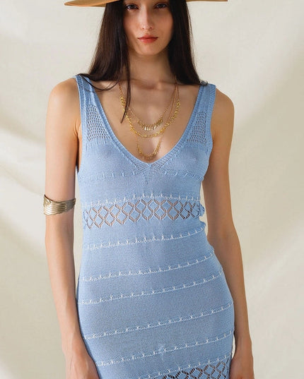 Baby Blue Midi Sleeveless Dress with V-Neck and Crochet Design