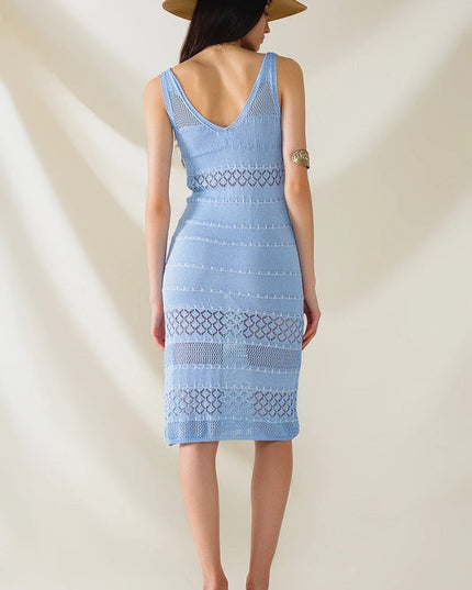 Baby Blue Midi Sleeveless Dress with V-Neck and Crochet Design