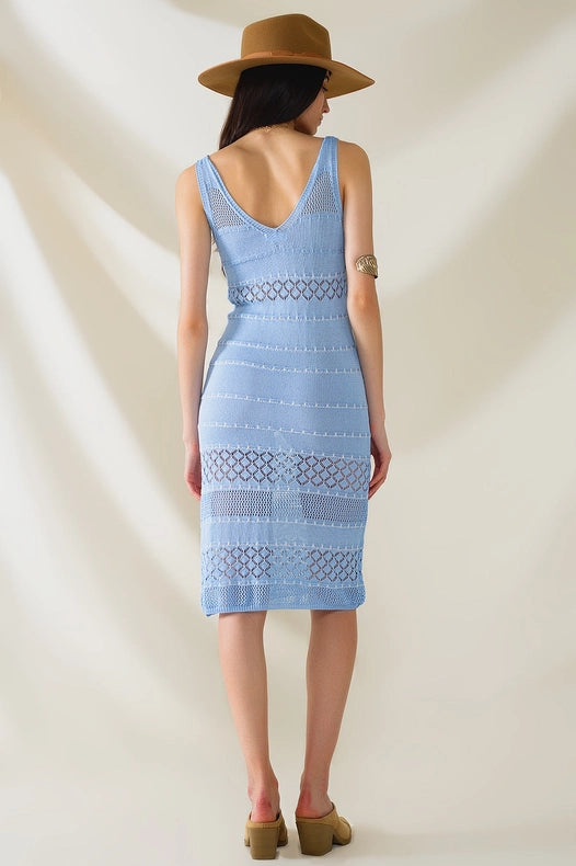 Baby Blue Midi Sleeveless Dress with V-Neck and Crochet Design