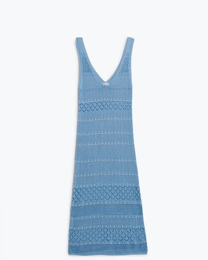 Baby Blue Midi Sleeveless Dress with V-Neck and Crochet Design