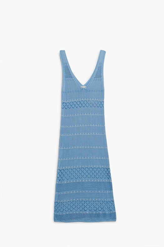 Baby Blue Midi Sleeveless Dress with V-Neck and Crochet Design