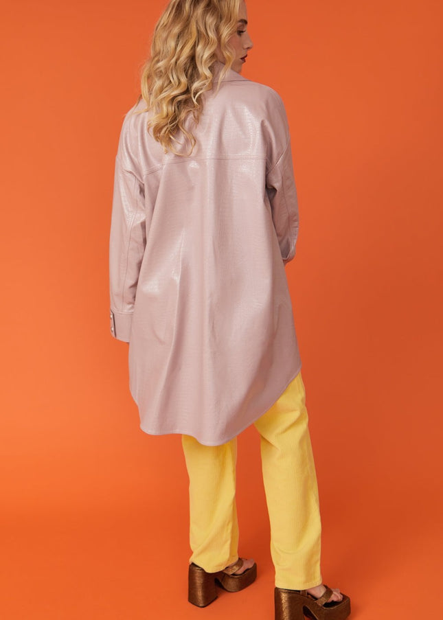 Baby Pink Oversized Faux Suede Leather Trench Coat with Exaggerated Collar-1