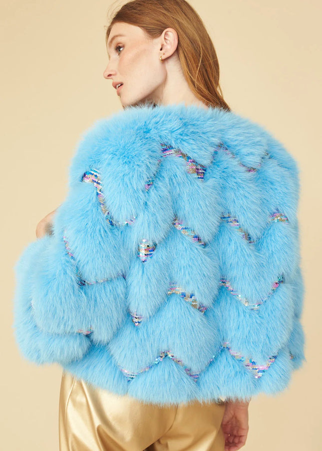 Bamboo Sequin Eco Faux Fur Coat in Blue-1