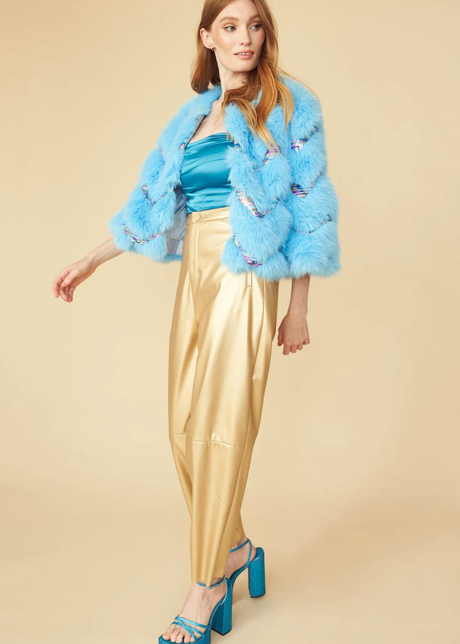 Bamboo Sequin Eco Faux Fur Coat in Blue-3