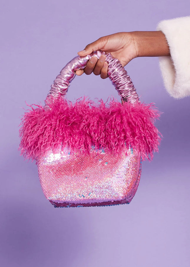 Bamboo Sequin Pink Faux Fur Bag-0